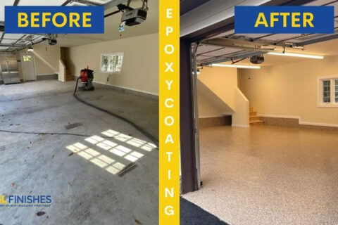 Split image showing a garage before and after epoxy floor coating
