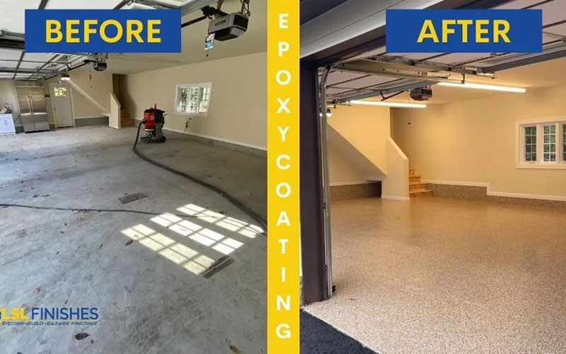 Split image showing a garage before and after epoxy floor coating
